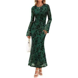 Zesica Women's Green Ruched Mesh Long Sleeve Floral Bodycon Dress